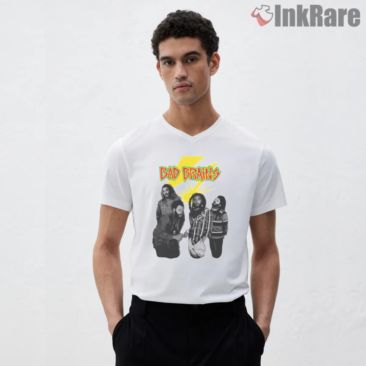 Bad Brains Lightning Bolt Punk Reggae V Neck White Bad Brains Lightning Bolt Punk Reggae Shirt on white v-neck shirt for men graphic tee
