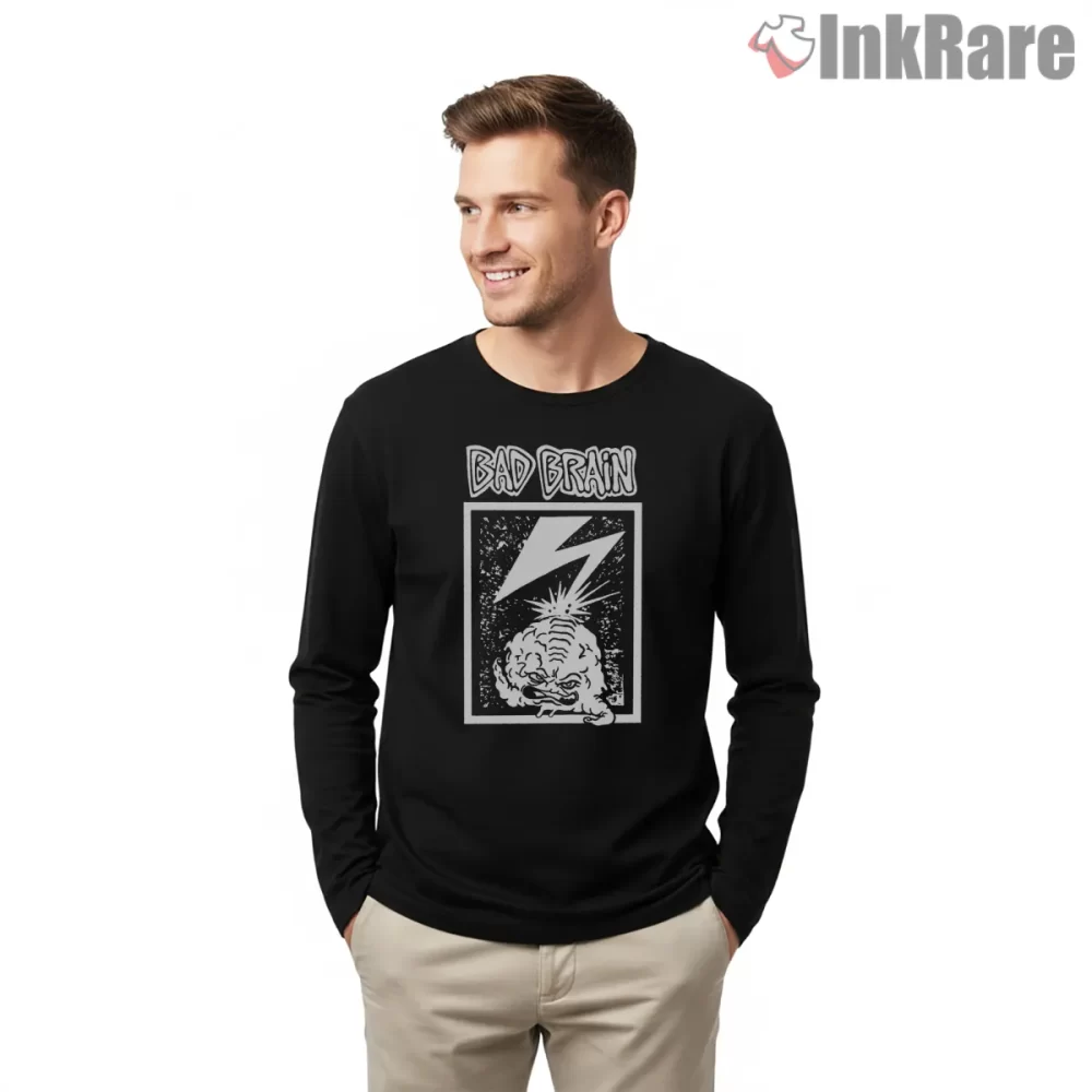 Bad Brains Lightning Brain Cartoon Shirt on black long sleeve shirt for men graphic tee