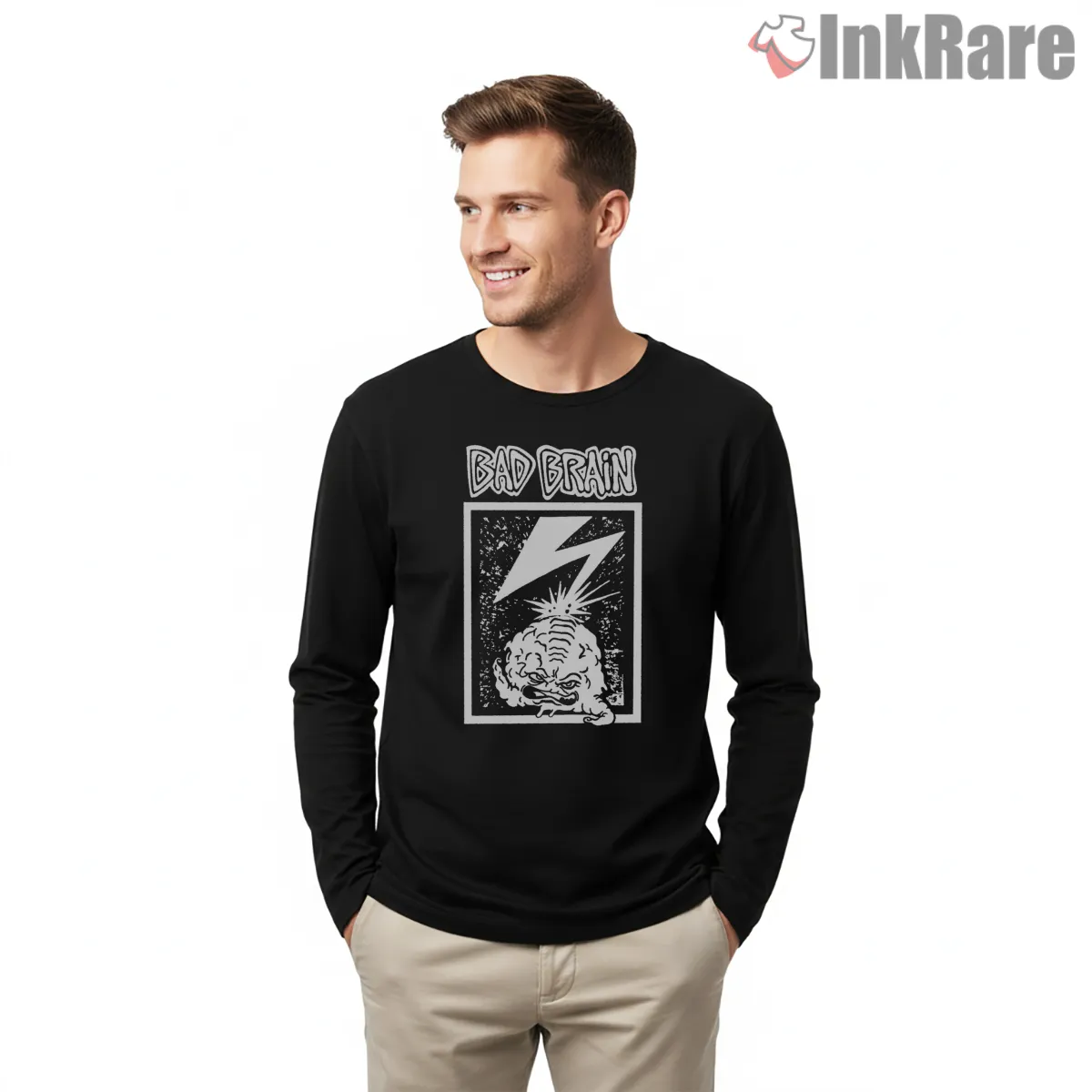 Bad Brains Lightning Brain Cartoon Long Sleeve Black Bad Brains Lightning Brain Cartoon Shirt on black long sleeve shirt for men graphic tee