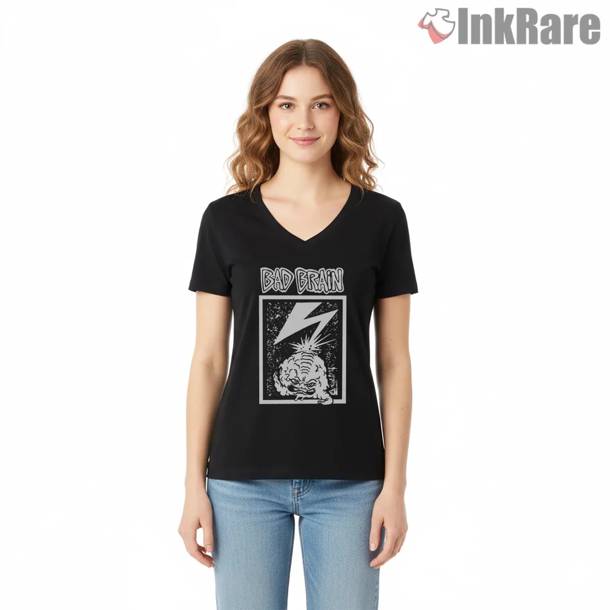 Bad Brains Lightning Brain Cartoon V Neck Black Bad Brains Lightning Brain Cartoon Shirt on black v-neck shirt for women graphic tee