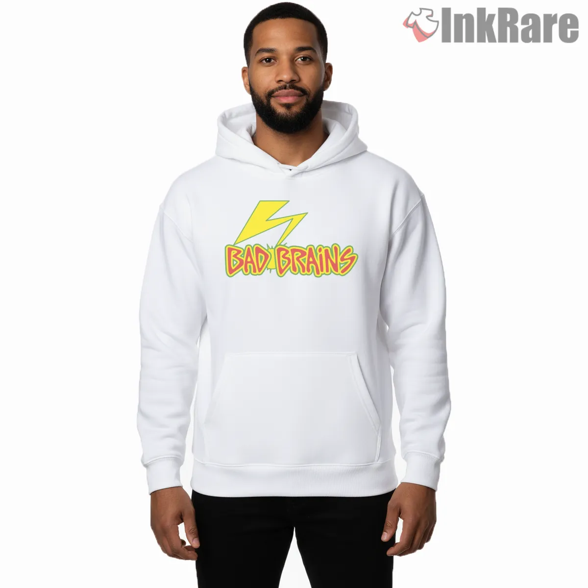 Bad Brains Lightning Logo Classic Hoodie White Bad Brains Lightning Logo Classic Shirt on white hoodie for men graphic tee