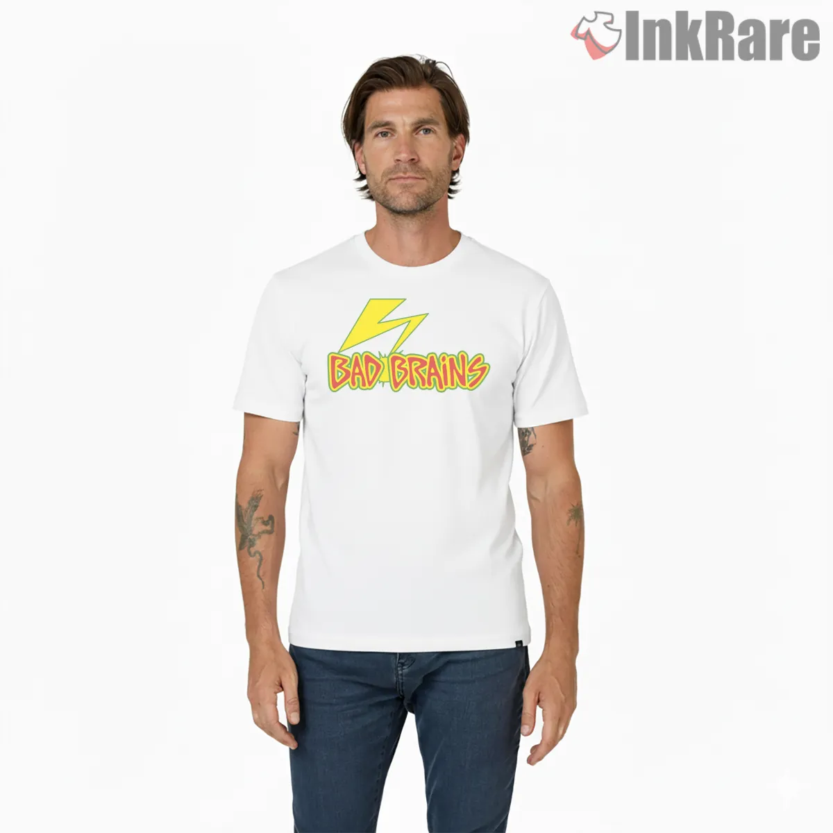 Bad Brains Lightning Logo Classic Short Sleeve White Bad Brains Lightning Logo Classic Shirt on white short sleeve shirt for men graphic tee