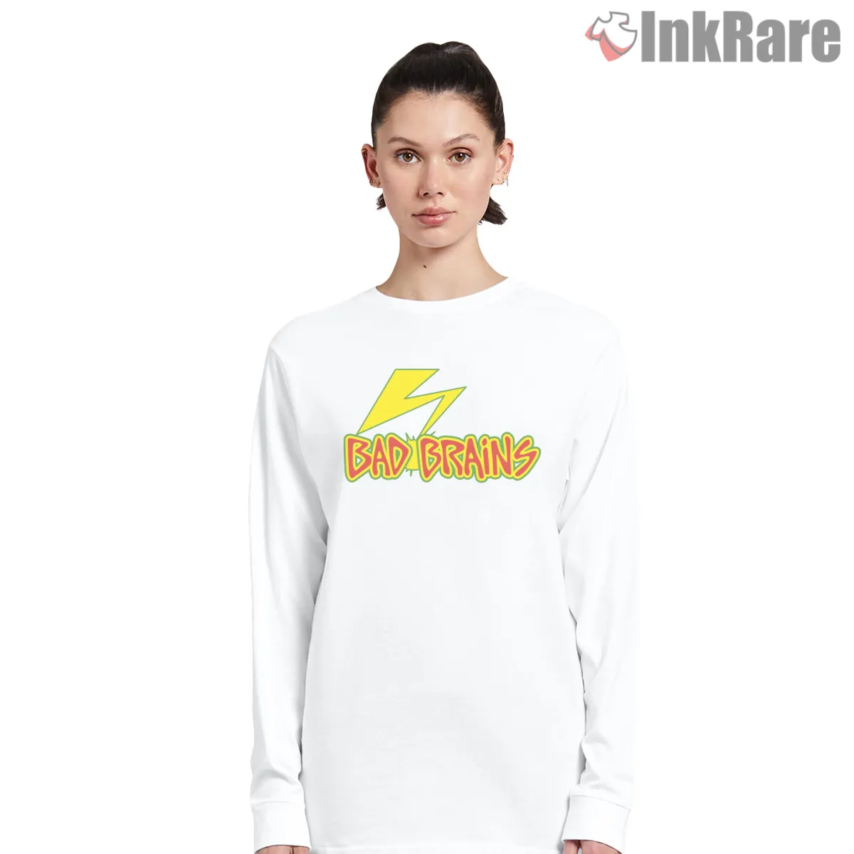 Bad Brains Lightning Logo Classic Long Sleeve White Bad Brains Lightning Logo Classic Shirt on white long sleeve shirt for women graphic tee