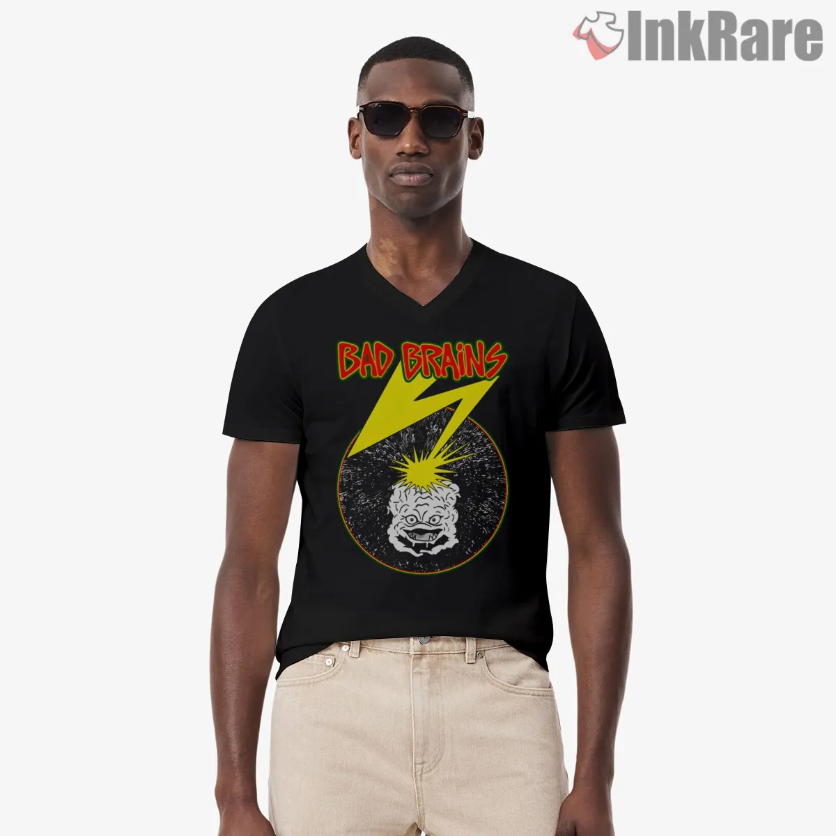 Bad Brains Lightning Mind Music Core V Neck Black Bad Brains Lightning Mind Music Core Shirt on black v-neck shirt for men graphic tee