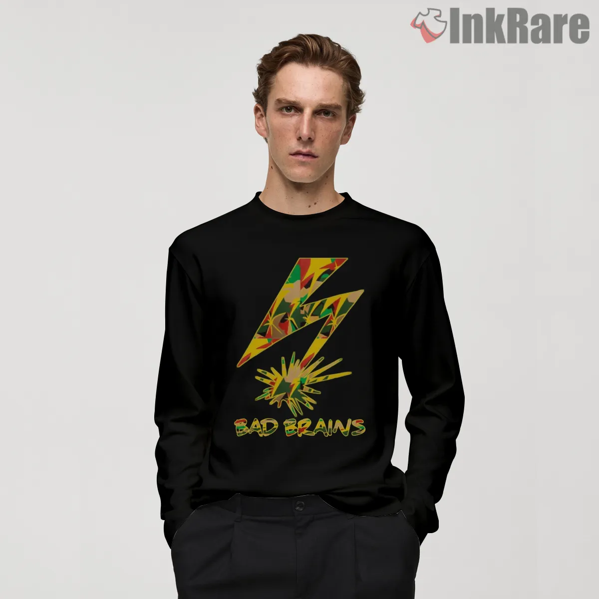 Bad Brains Lightning Shockwave Graphic Shirt on black long sleeve shirt for men graphic tee