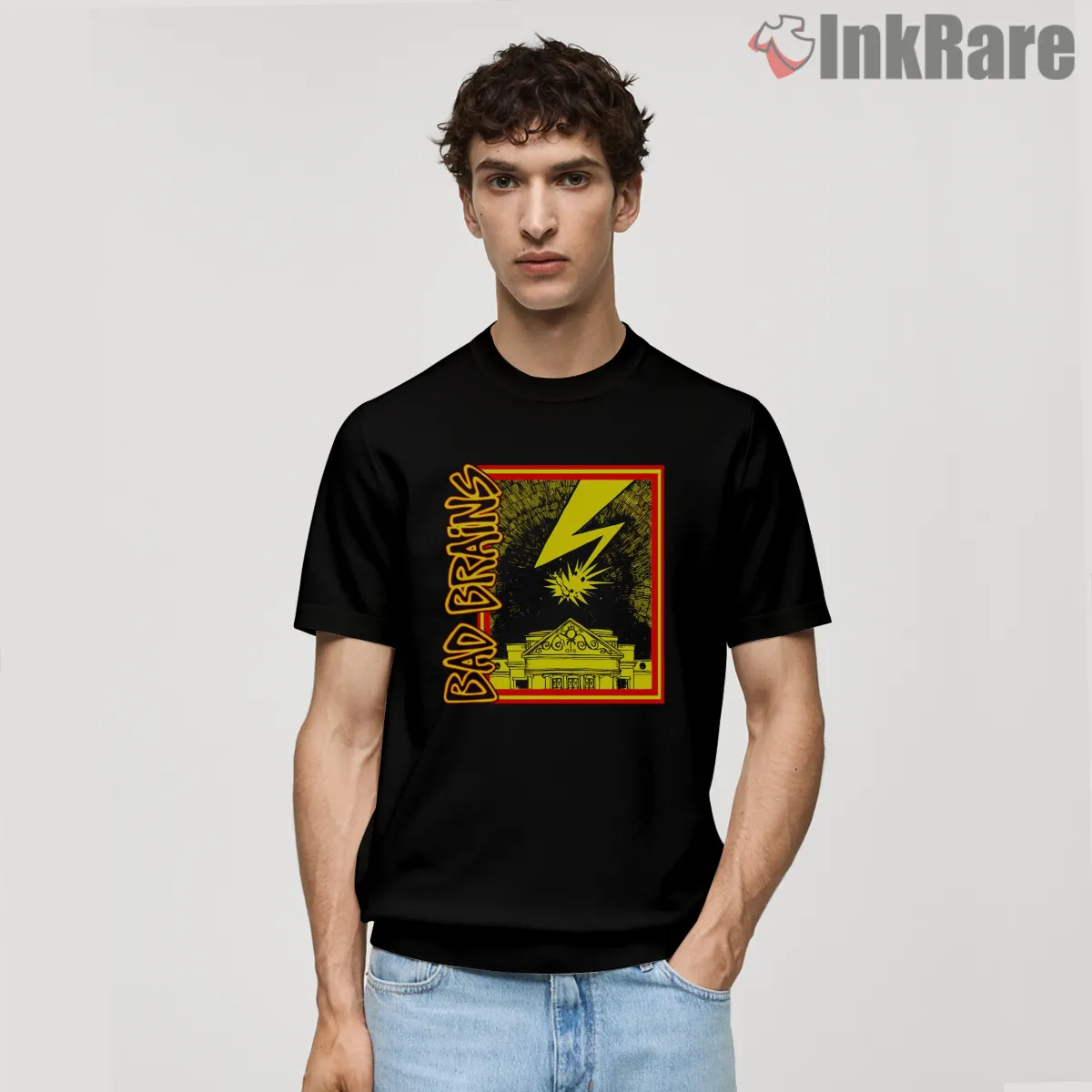 Bad Brains Lightning Temple Burst Frame Shirt on black short sleeve shirt for men graphic tee