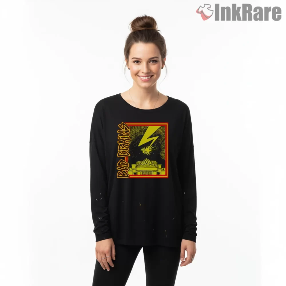 Bad Brains Lightning Temple Burst Frame Shirt on black long sleeve shirt for women graphic tee