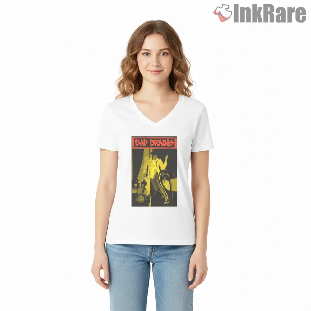 Bad Brains Live Yellow Stage Moment Shirt on white v-neck shirt for women graphic tee