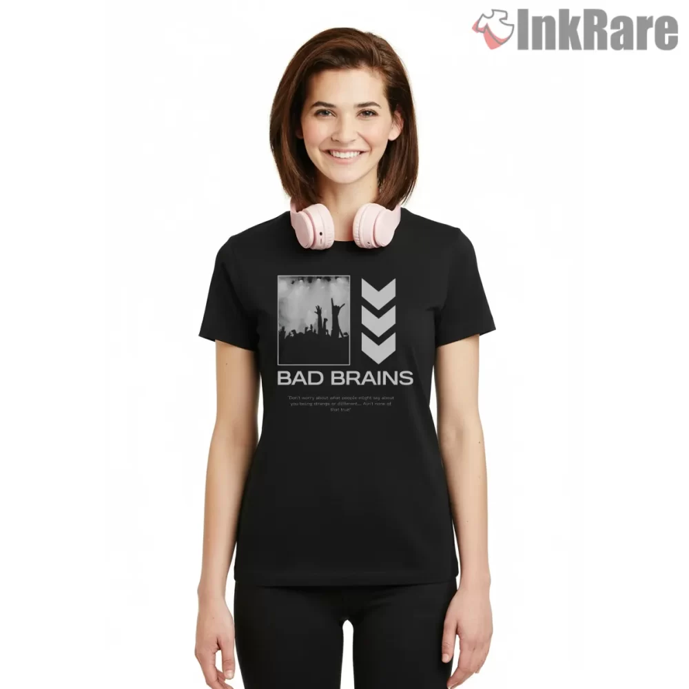 Bad Brains Minimal Crowd Signal Shirt on black short sleeve shirt for women graphic tee