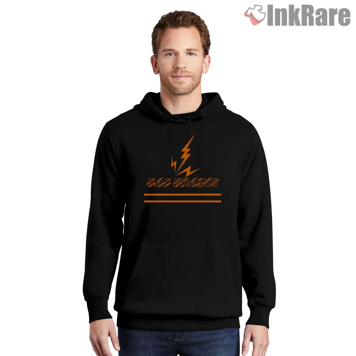 Bad Brains Minimal Lightning Stripe Shirt on black hoodie for men graphic tee