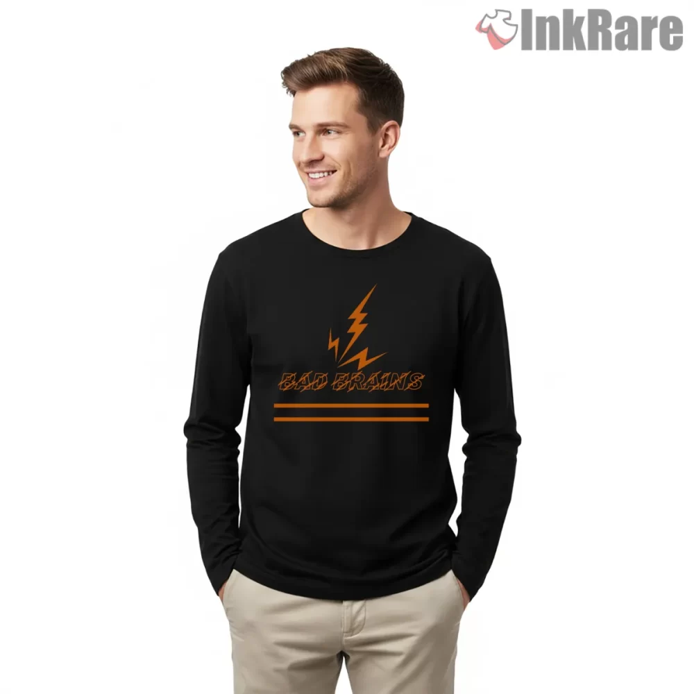 Bad Brains Minimal Lightning Stripe Shirt on black long sleeve shirt for men graphic tee