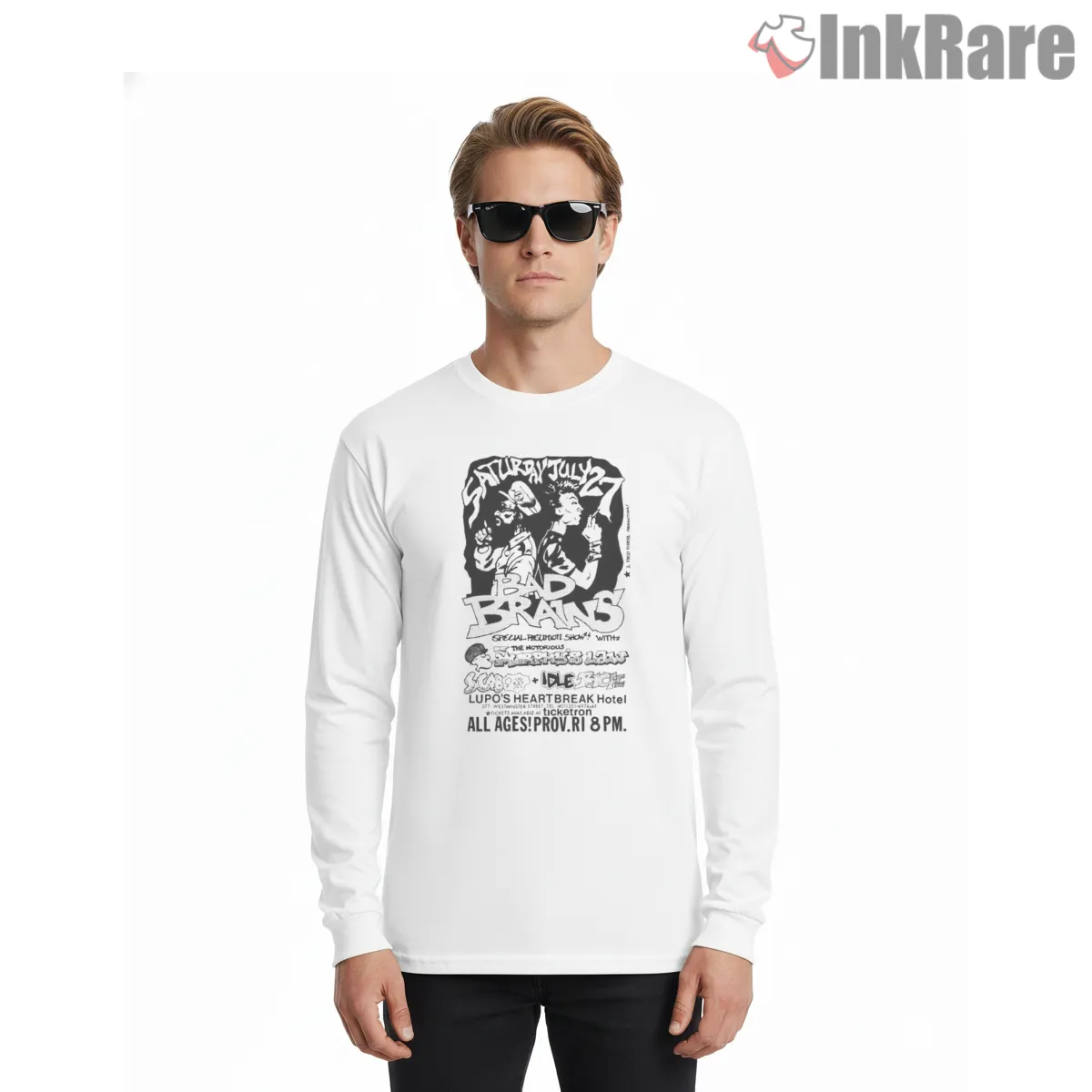 Bad Brains Murphy Law Punk Flyer Shirt on white long sleeve shirt for men graphic tee