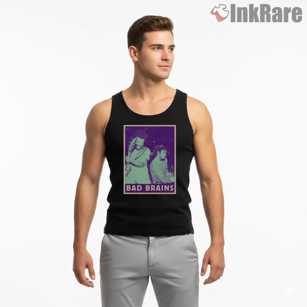 Bad Brains Purple Stage Performance Shirt on black tank top for men graphic tee