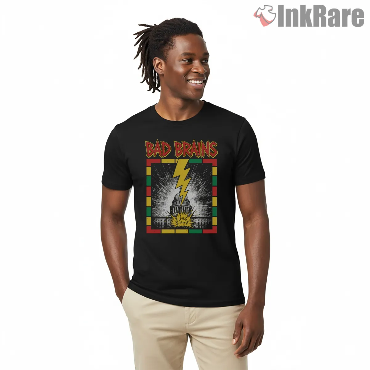 Bad Brains Rare Capitol Lightning Rasta Frame Shirt on black short sleeve shirt for men graphic tee
