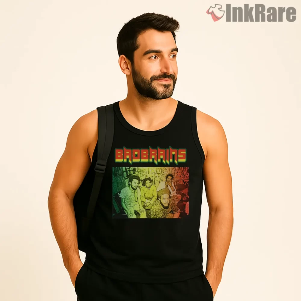 Bad Brains Rasta Tinted Studio Portrait Shirt on black tank top for men graphic tee