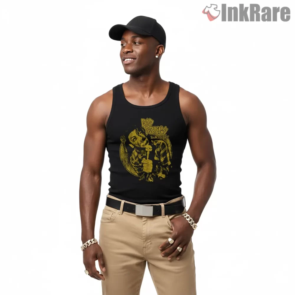 Bad Brains Raw Band Performance Illustration Shirt on black tank top for men graphic tee