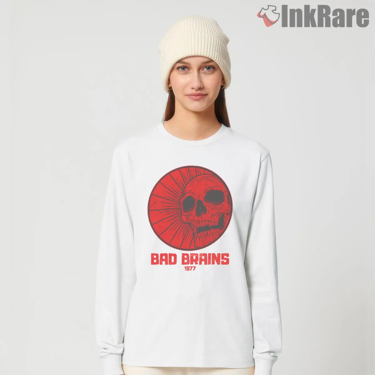 Bad Brains Red Skull Vintage Emblem Shirt on white long sleeve shirt for women graphic tee