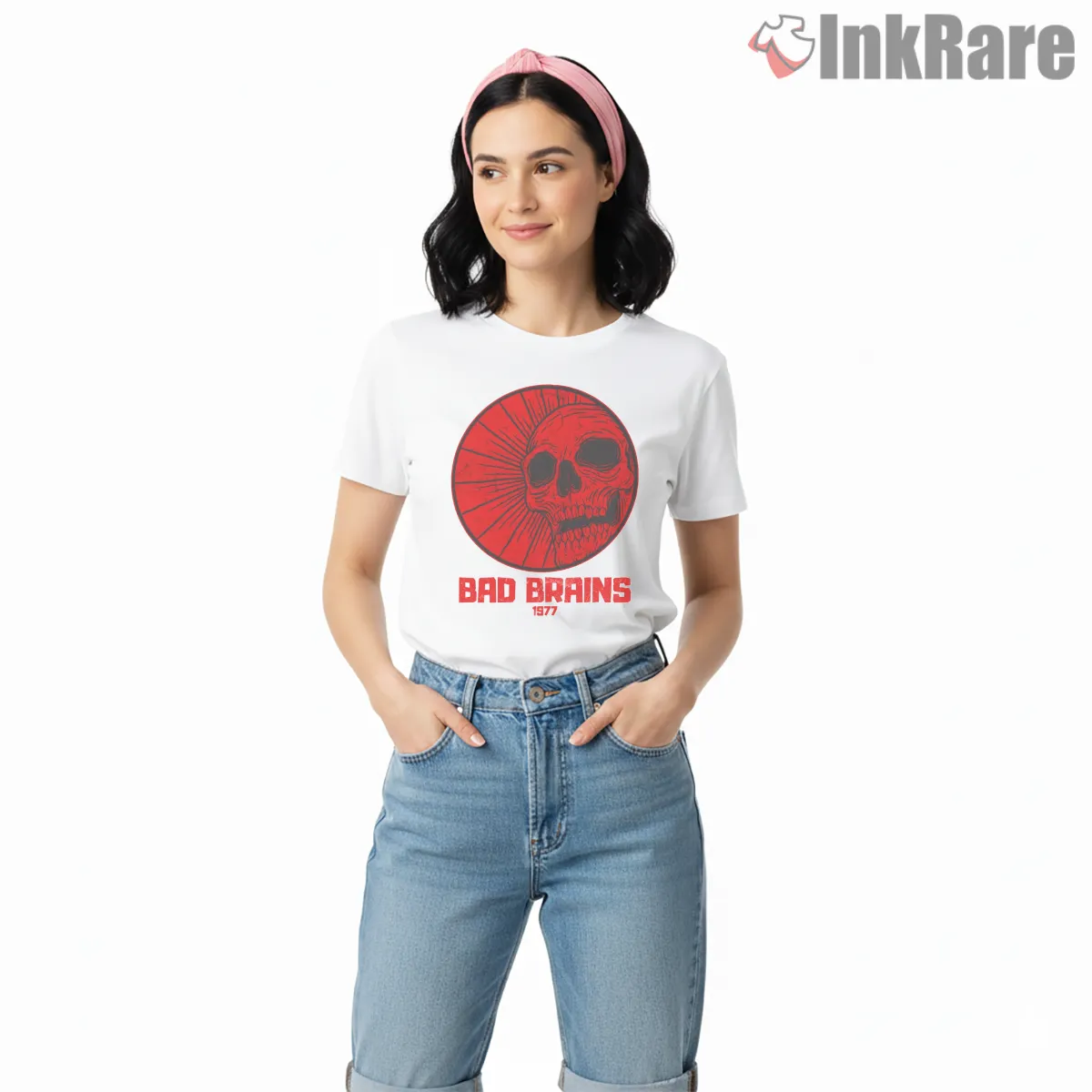 Bad Brains Red Skull Vintage Emblem Short Sleeve White Bad Brains Red Skull Vintage Emblem Shirt on white short sleeve shirt for women graphic tee