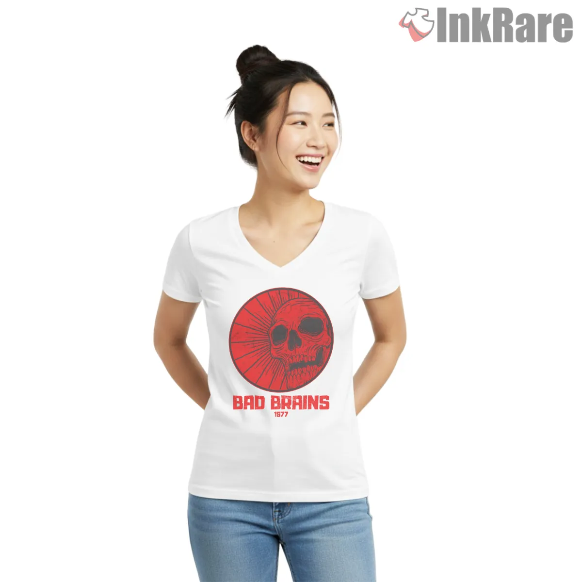 Bad Brains Red Skull Vintage Emblem V Neck White Bad Brains Red Skull Vintage Emblem Shirt on white v-neck shirt for women graphic tee