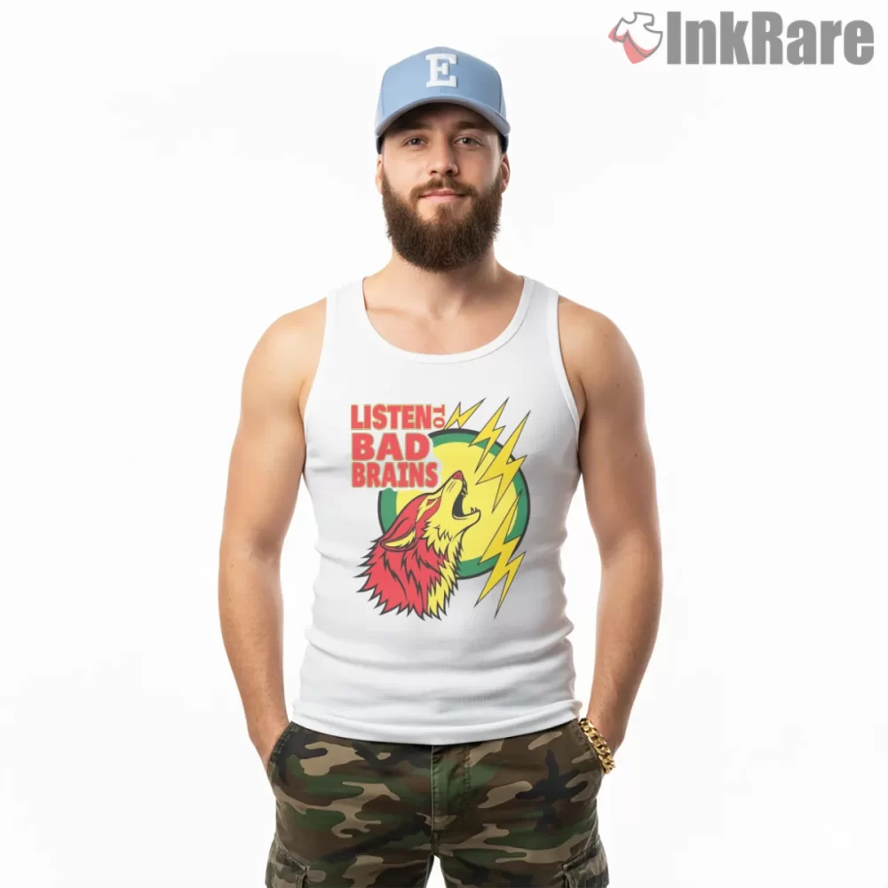 Bad Brains Red Wolf Lightning Music Shirt on white tank top for men graphic tee