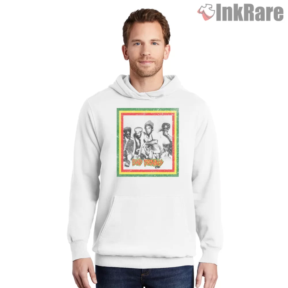 Bad Brains Retro Band Frame Shirt on white hoodie for men graphic tee