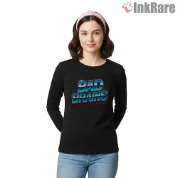 Bad Brains Retro Eighties Neon Logo Shirt on black long sleeve shirt for women graphic tee