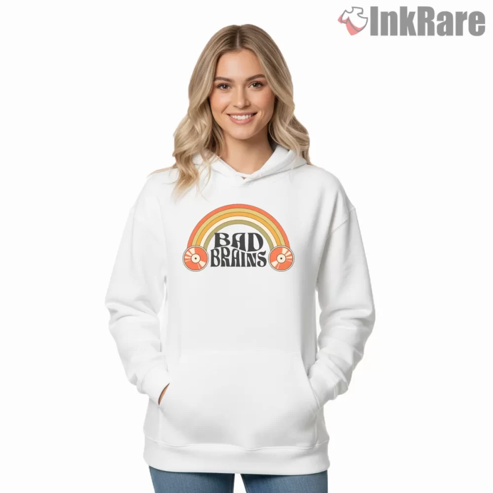 Bad Brains Retro Rainbow Logo Shirt on white hoodie for women graphic tee