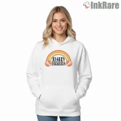 Bad Brains Retro Rainbow Logo Shirt on white hoodie for women graphic tee