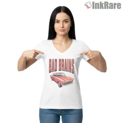 Bad Brains Retro Red Classic Car Punk Shirt on white v-neck shirt for women graphic tee
