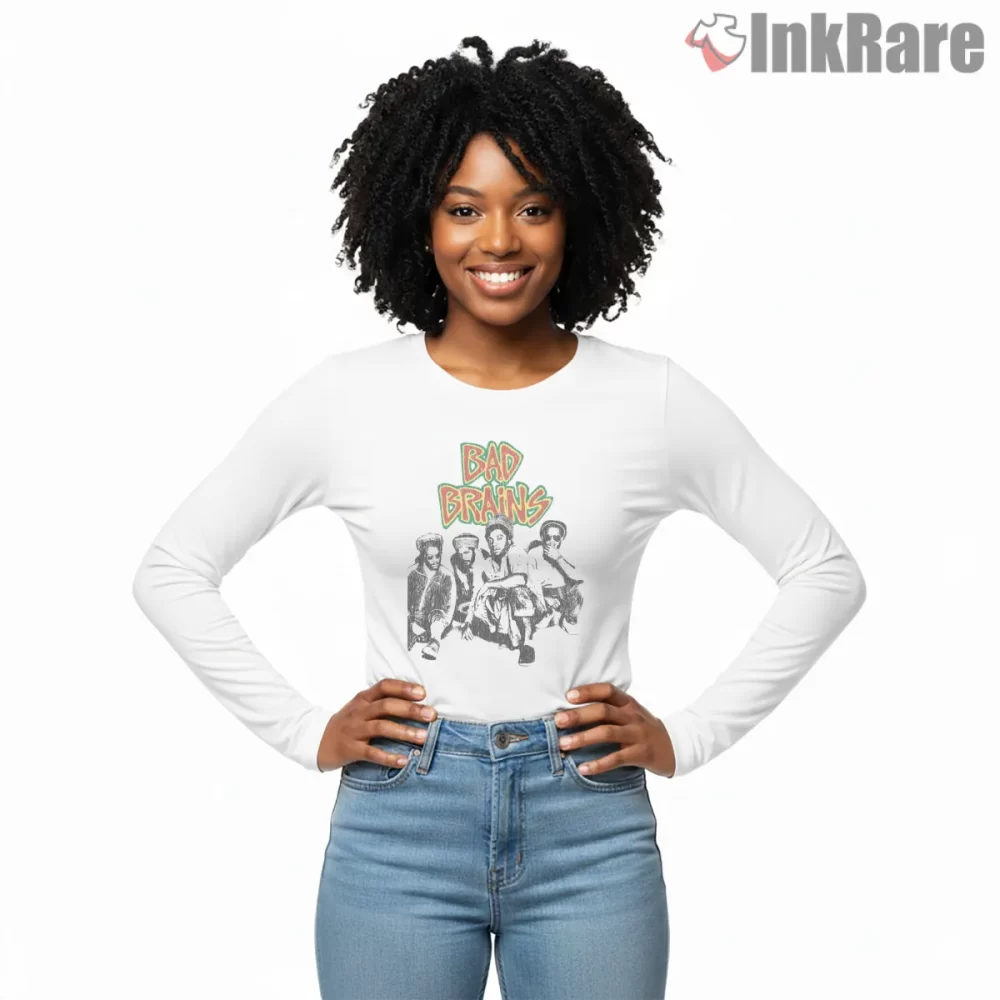 Bad Brains Retro Vintage Band Sketch Shirt on white long sleeve shirt for women graphic tee