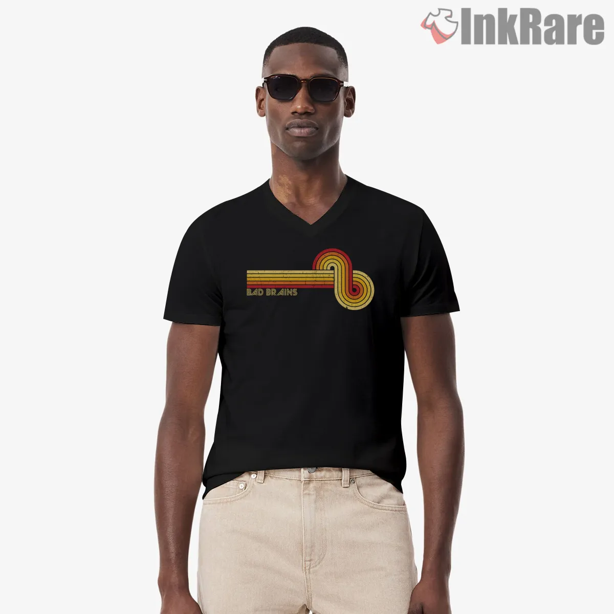 Bad Brains Sunset Line Minimal Groove V Neck Black Bad Brains Sunset Line Minimal Groove Shirt on black v-neck shirt for men graphic tee