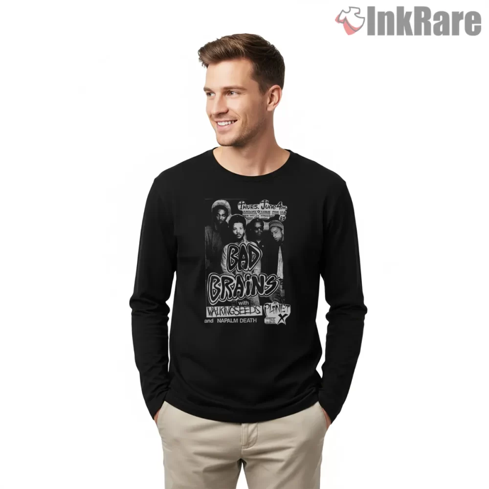 Bad Brains Tour Flyer Travel Era Shirt on black long sleeve shirt for men graphic tee