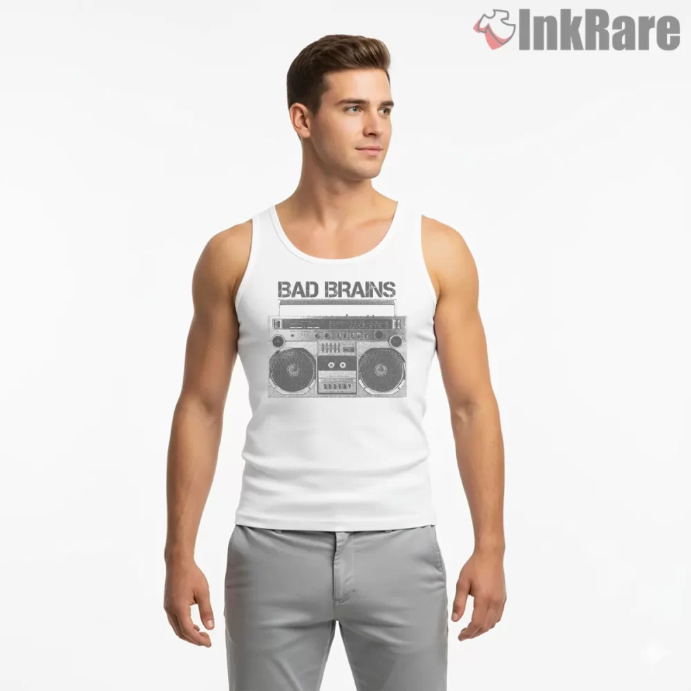 Bad Brains Vintage Boombox Hip Hop Shirt on white tank top for men graphic tee