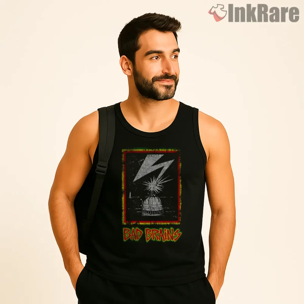 Bad Brains Vintage Frame Lightning Shirt on black tank top for men graphic tee