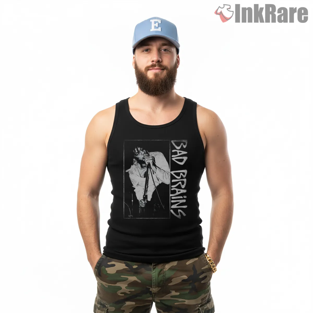 Bad Brains Vintage Halftone Vocal Performance Tank Top Black Bad Brains Vintage Halftone Vocal Performance Shirt on black tank top for men graphic tee