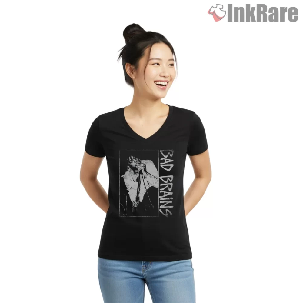 Bad Brains Vintage Halftone Vocal Performance Shirt on black v-neck shirt for women graphic tee