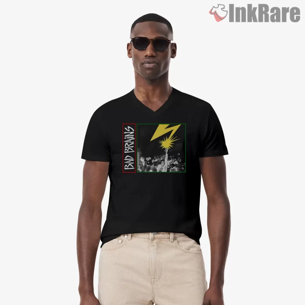 Bad Brains Vintage Lightning Crowd Moment Shirt on black v-neck shirt for men graphic tee