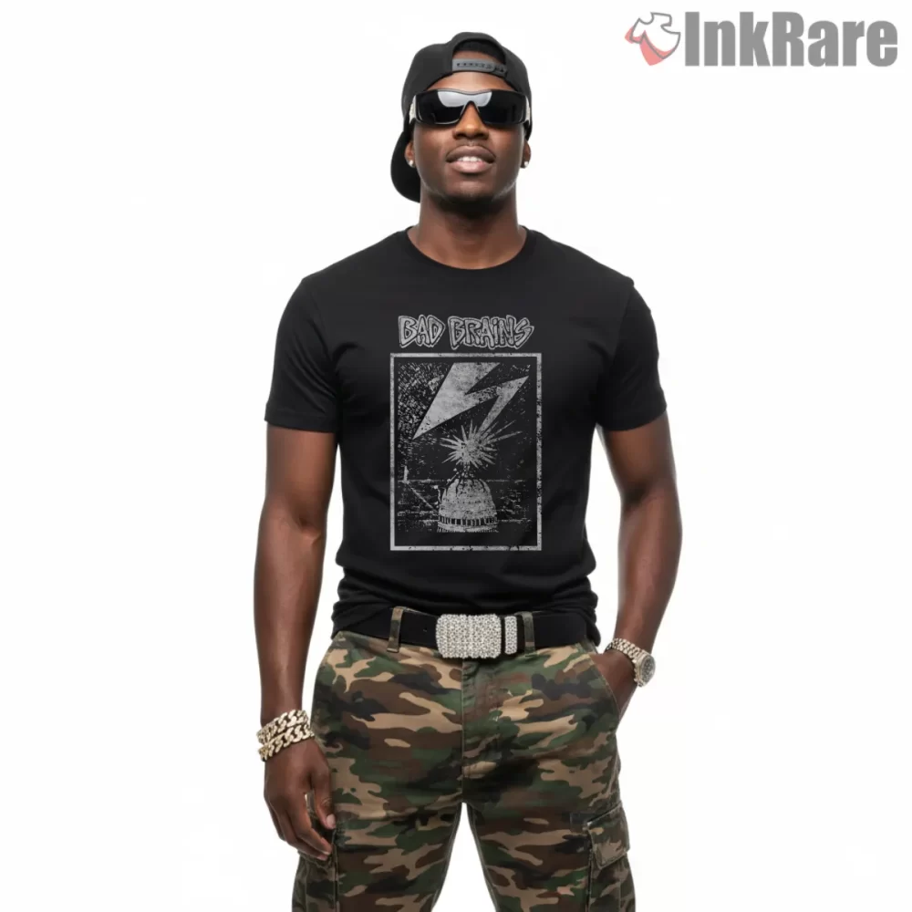 Bad Brains Vintage Lightning Dome Print Shirt on black short sleeve shirt for men graphic tee