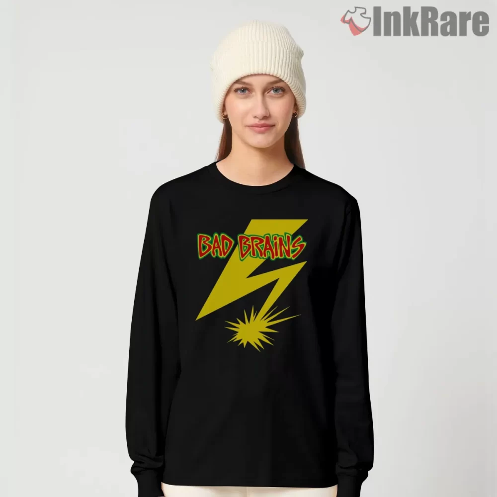 Bad Brains Vintage Lightning Poster Art Shirt on black long sleeve shirt for women graphic tee