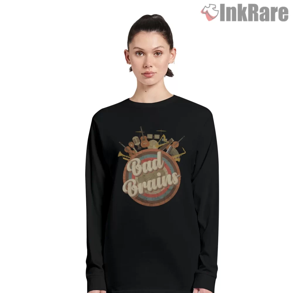 Bad Brains Vintage Music Tour Emblem Shirt on black long sleeve shirt for women graphic tee