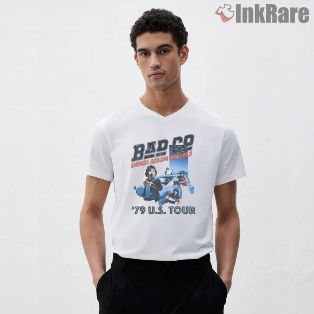 Bad Co Desolation Angels Seventy Nine Tour Shirt on white v-neck shirt for men graphic tee