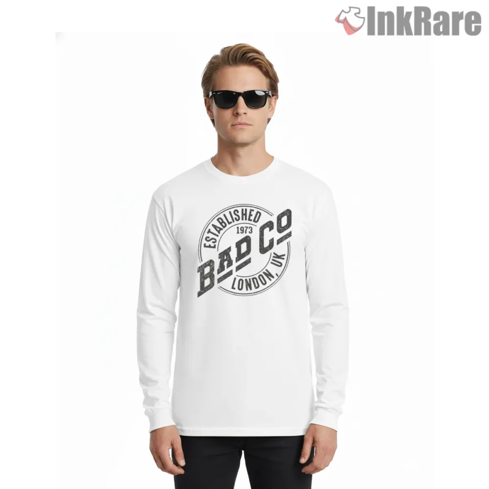 Bad Co Established London Seventy Three Emblem Shirt on white long sleeve shirt for men graphic tee