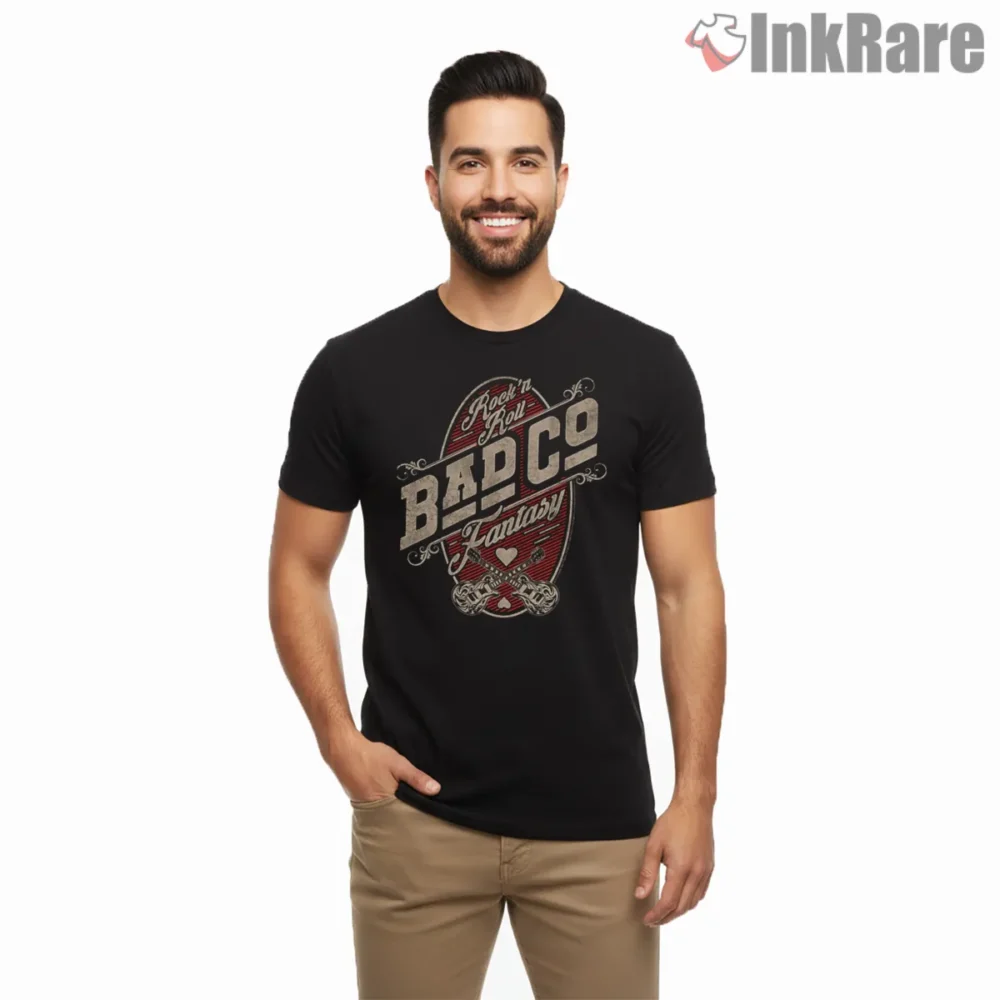 Bad Co Rock And Roll Fantasy Emblem Shirt on black short sleeve shirt for men graphic tee