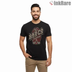 Bad Co Rock And Roll Fantasy Emblem Shirt on black short sleeve shirt for men graphic tee