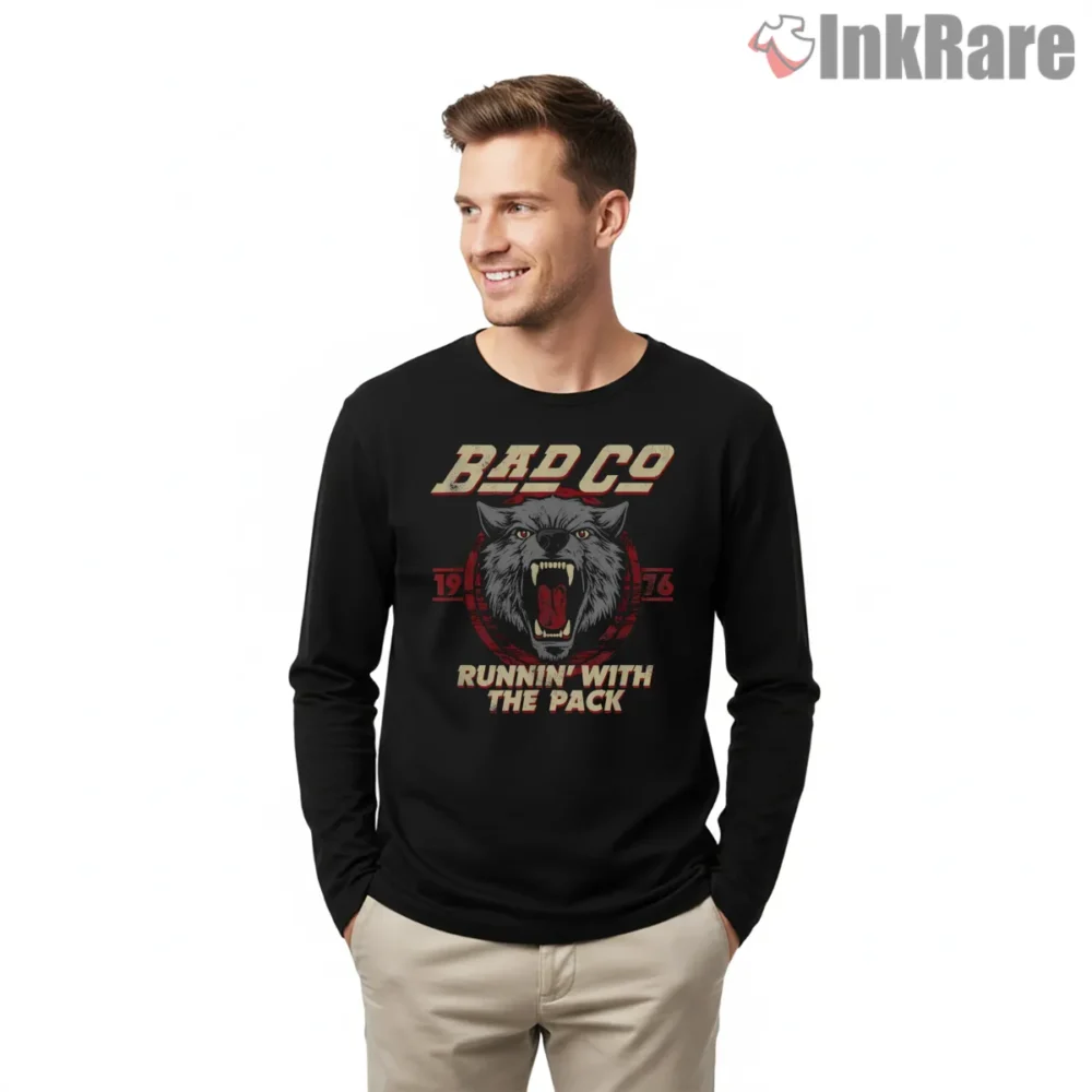 Bad Co Runnin With The Pack Wolf Shirt on black long sleeve shirt for men graphic tee