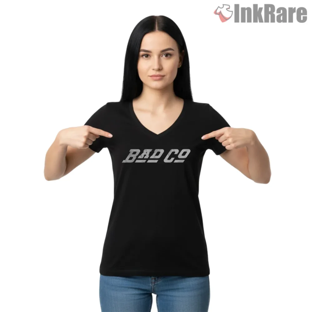 Bad Co Slanted Logo Classic Shirt on black v-neck shirt for women graphic tee