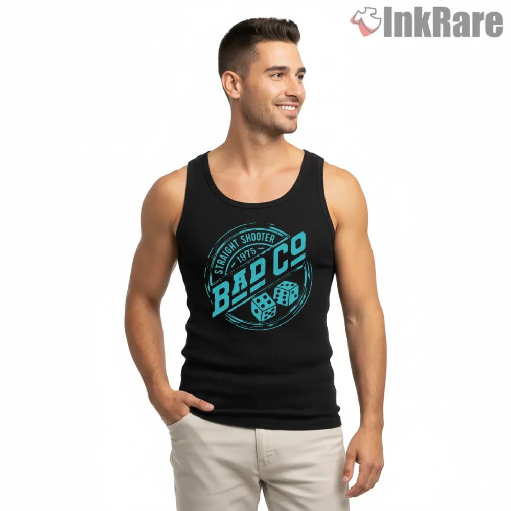 Bad Co Straight Shooter Turquoise Dice Shirt on black tank top for men graphic tee