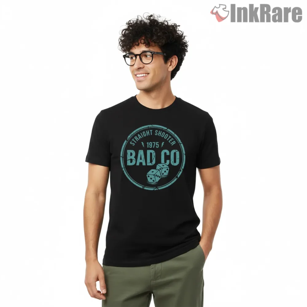 Bad Co Straight Shooter Vintage Badge Shirt on black short sleeve shirt for men graphic tee