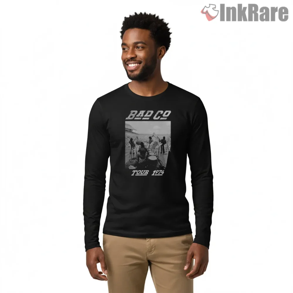Bad Co Tour 1974 Stadium Stage Shirt on black long sleeve shirt for men graphic tee