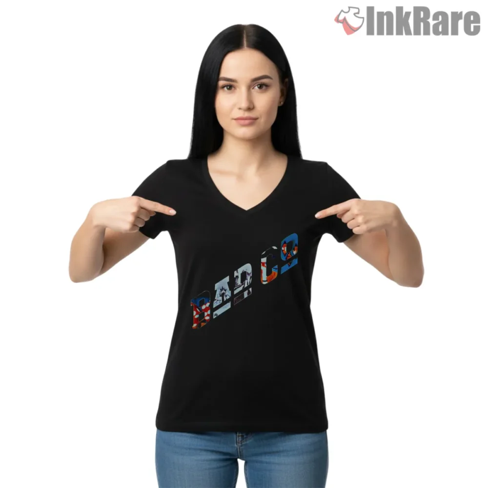 Bad Co Union Jack Diagonal Logo Shirt on black v-neck shirt for women graphic tee